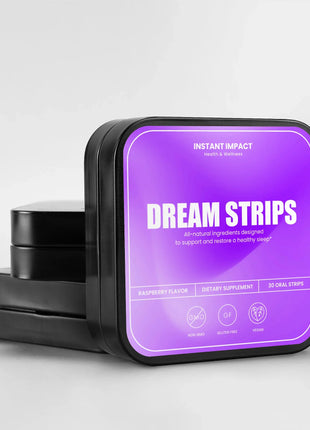 Black container with purple label for 'Dream Strips' on a light gray background