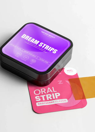Box of 'Dream Strips' with a pink strip labeled 'Oral Strip Raspberry Flavor' on a light gray background