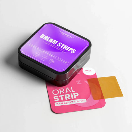 Box of 'Dream Strips' with a pink strip labeled 'Oral Strip Raspberry Flavor' on a light gray background