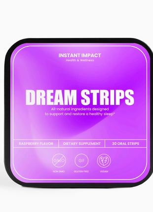 Packaging of Dream Strips with purple background and white text on a white background