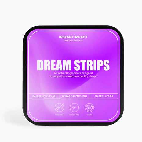 Packaging of Dream Strips with purple background and white text on a white background