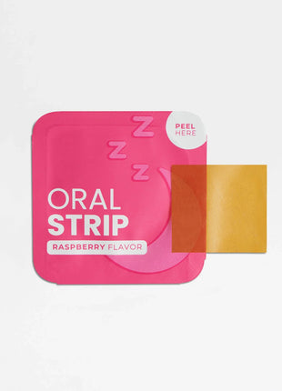 Pink packaging of an oral strip with a raspberry flavor on a white background